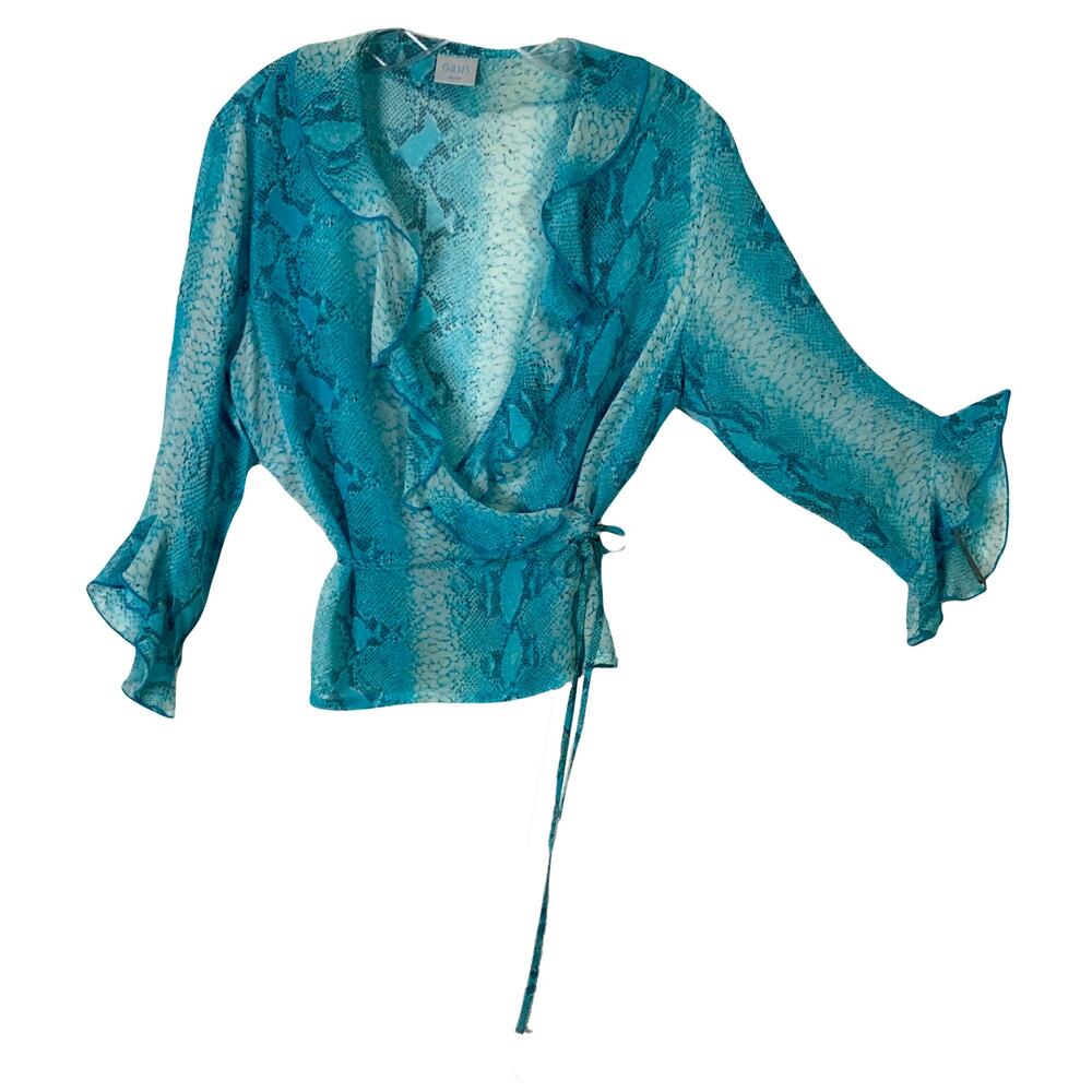 OASIS Blouse Top Vintage UK 10/US 6 Blue Snakeskin Sheer Ruffle Wrap Viscose